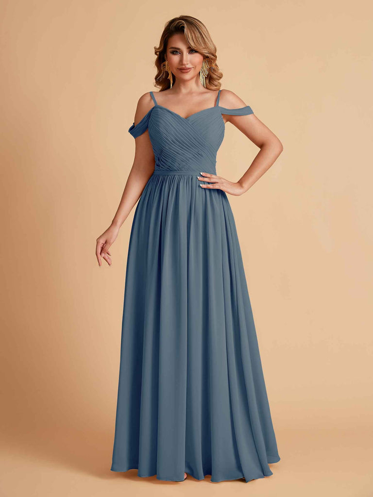 Robe élégante en mousseline trapèze épaules dénudées col en V