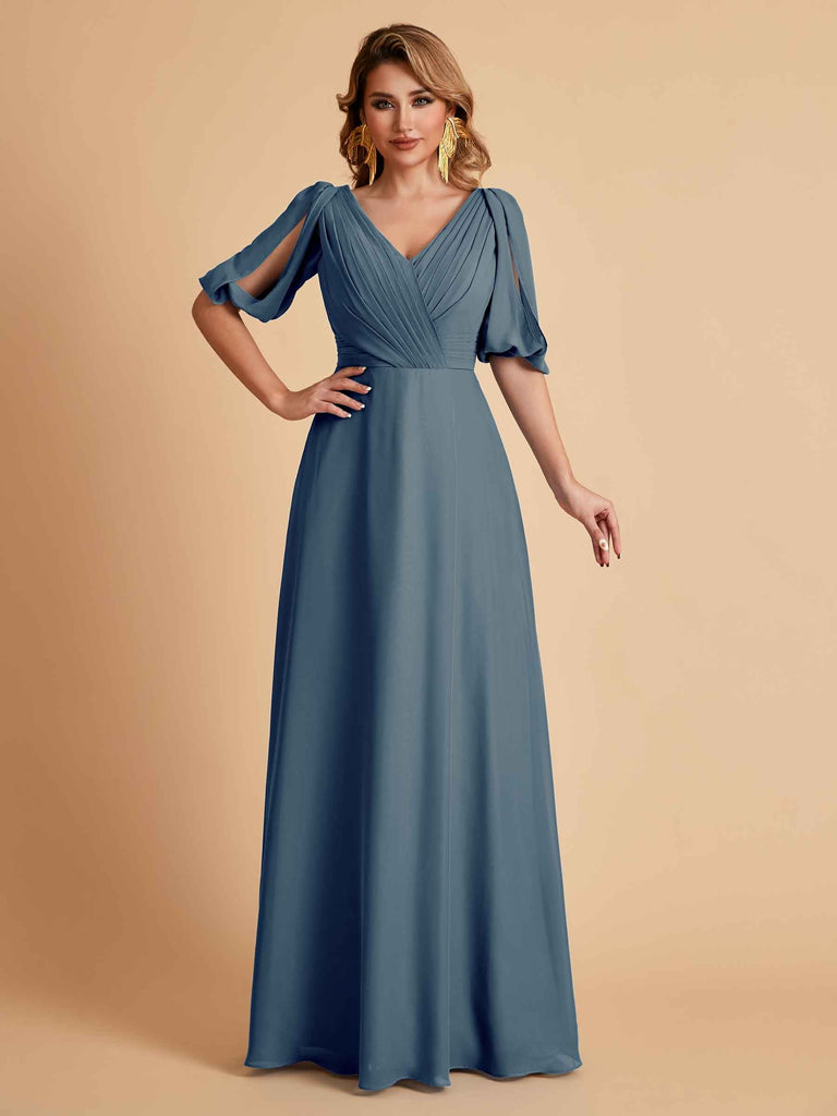 Robes de mère de la mariée élégantes en mousseline de soie manches mi-longues et col en V