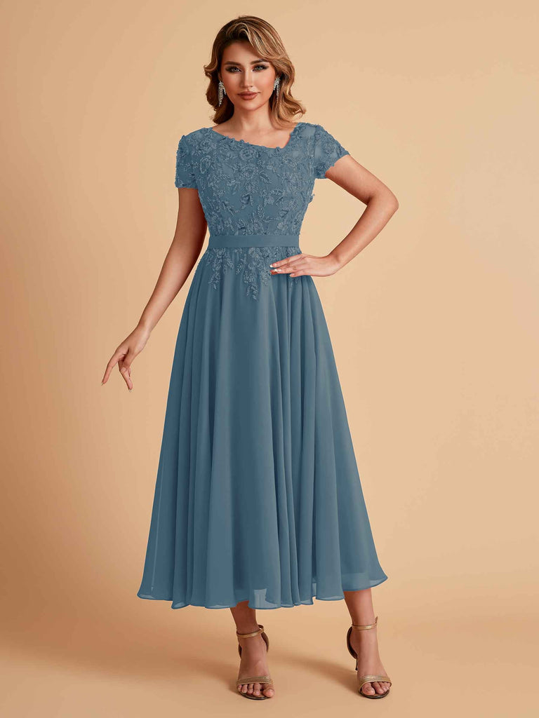 Robes de mère de la mariée coupe trapèze en mousseline à manches courtes