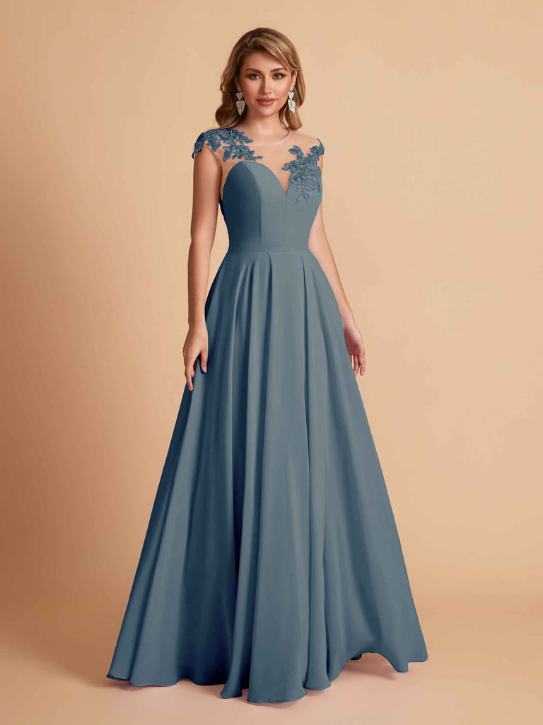 robes d'invitées de mariage en mousseline haut en dentelle illusion col en V