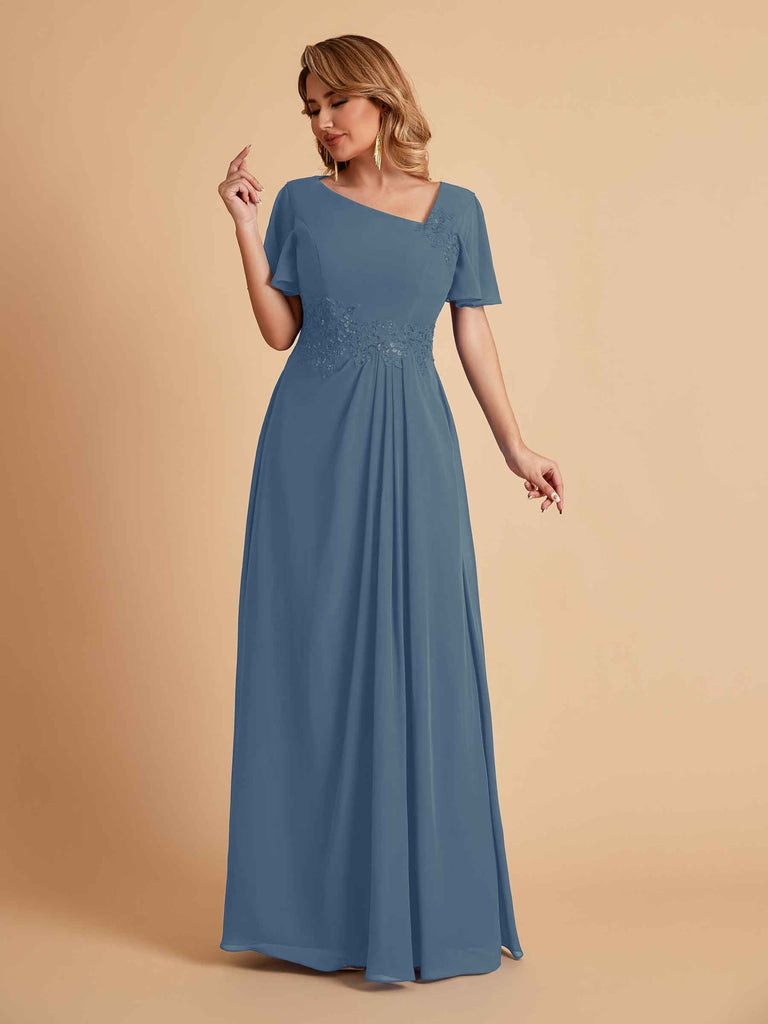 Robes de mère de la mariée élégantes coupe trapèze manches courtes et col en V