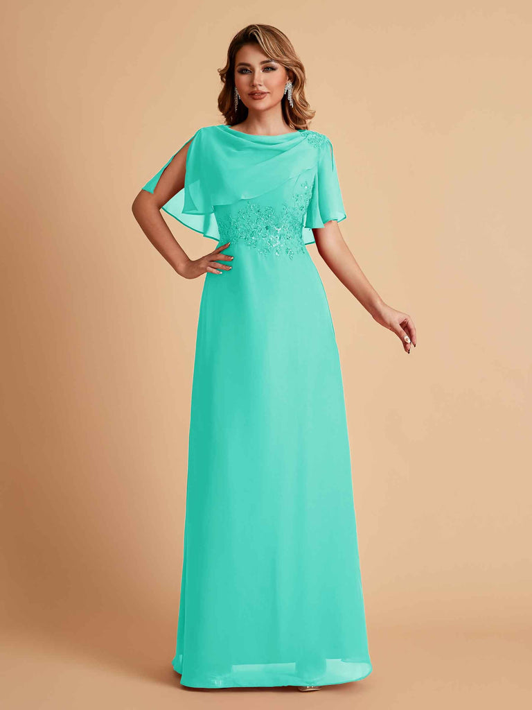Robes de mère de la mariée en mousseline de soie manches mi-longues et bijoux