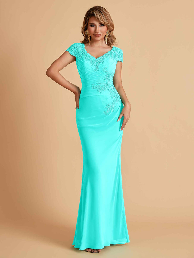 Robe de mère de la mariée col en V élégante en mousseline manches courtes