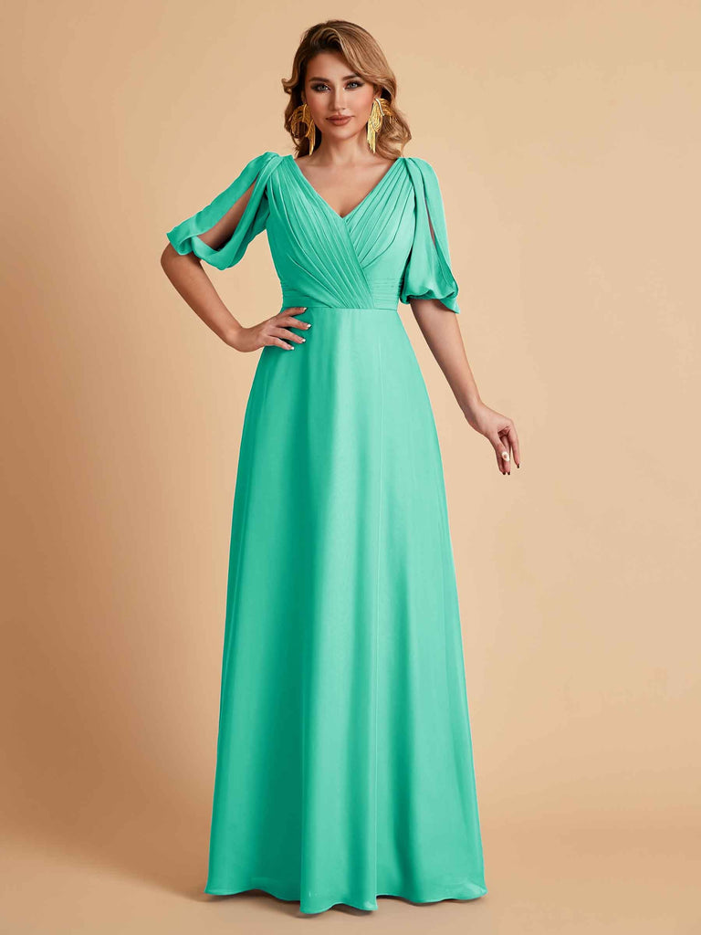 Robes de mère de la mariée élégantes en mousseline de soie manches mi-longues et col en V