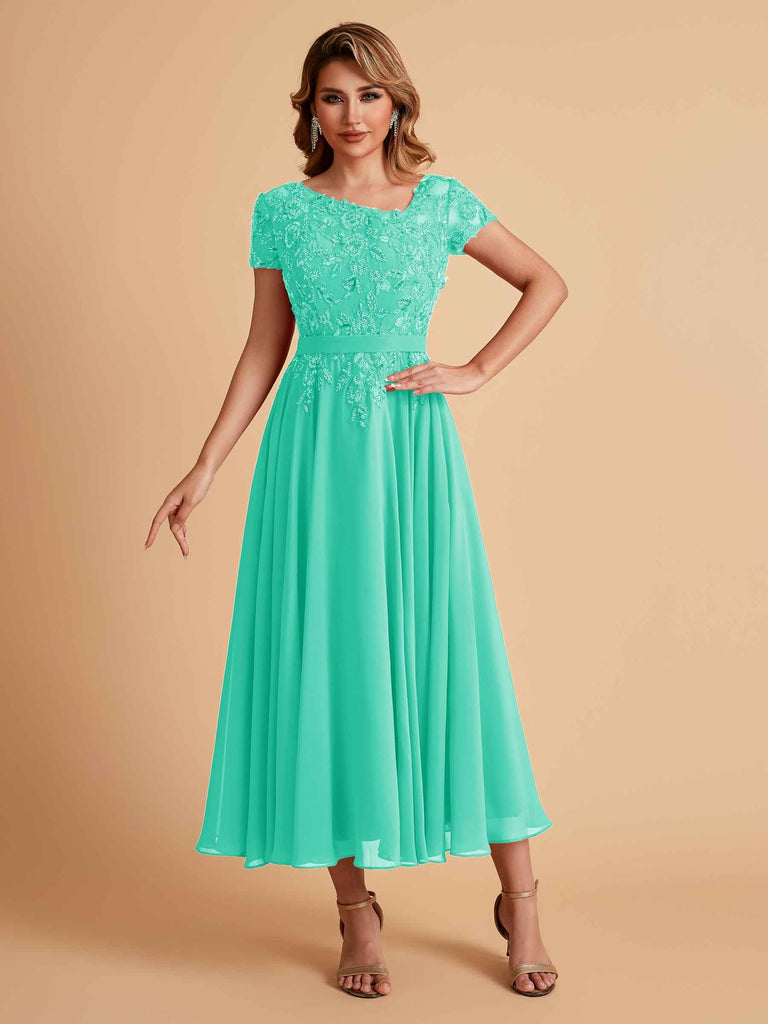 Robes de mère de la mariée coupe trapèze en mousseline à manches courtes