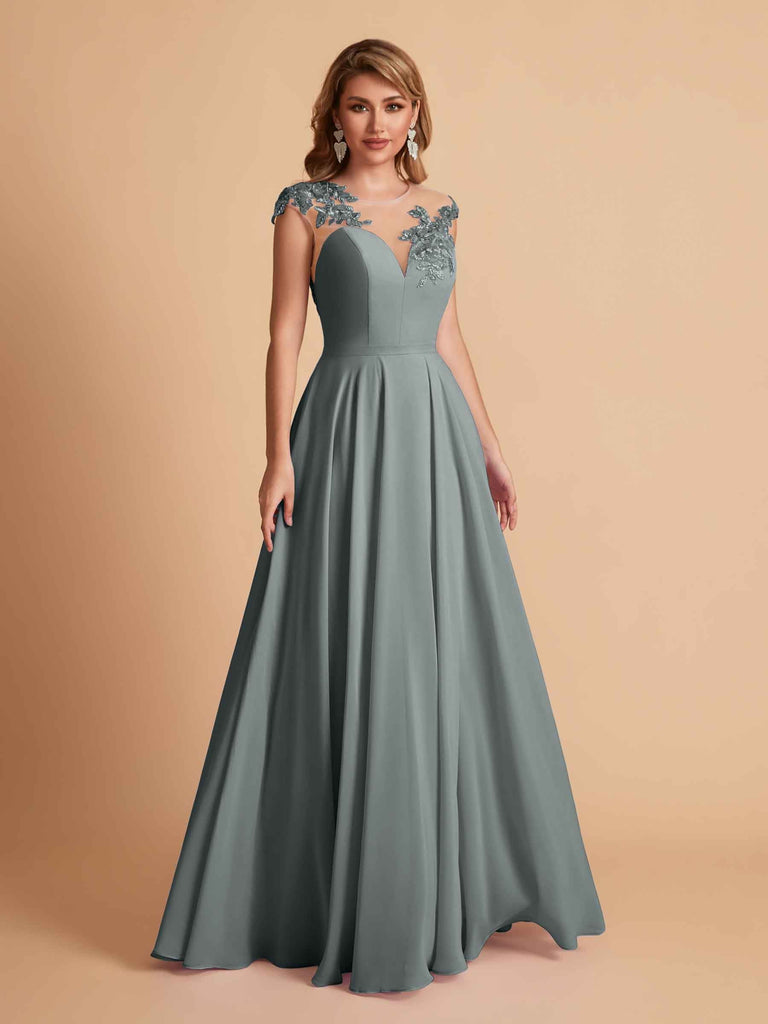 robes d'invitées de mariage en mousseline haut en dentelle illusion col en V