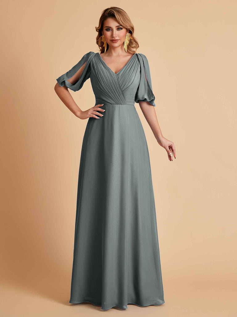 Robes de mère de la mariée élégantes en mousseline de soie manches mi-longues et col en V