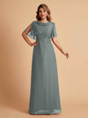 Robes de mère de la mariée en mousseline de soie manches mi-longues et bijoux