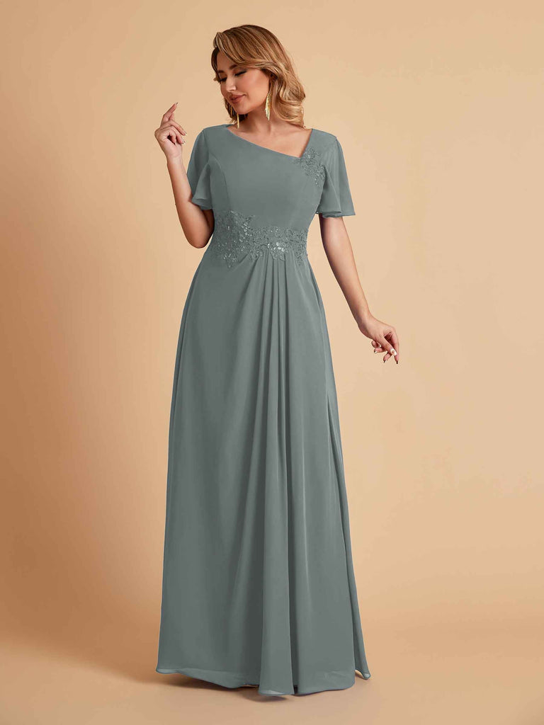 Robes de mère de la mariée élégantes coupe trapèze manches courtes et col en V