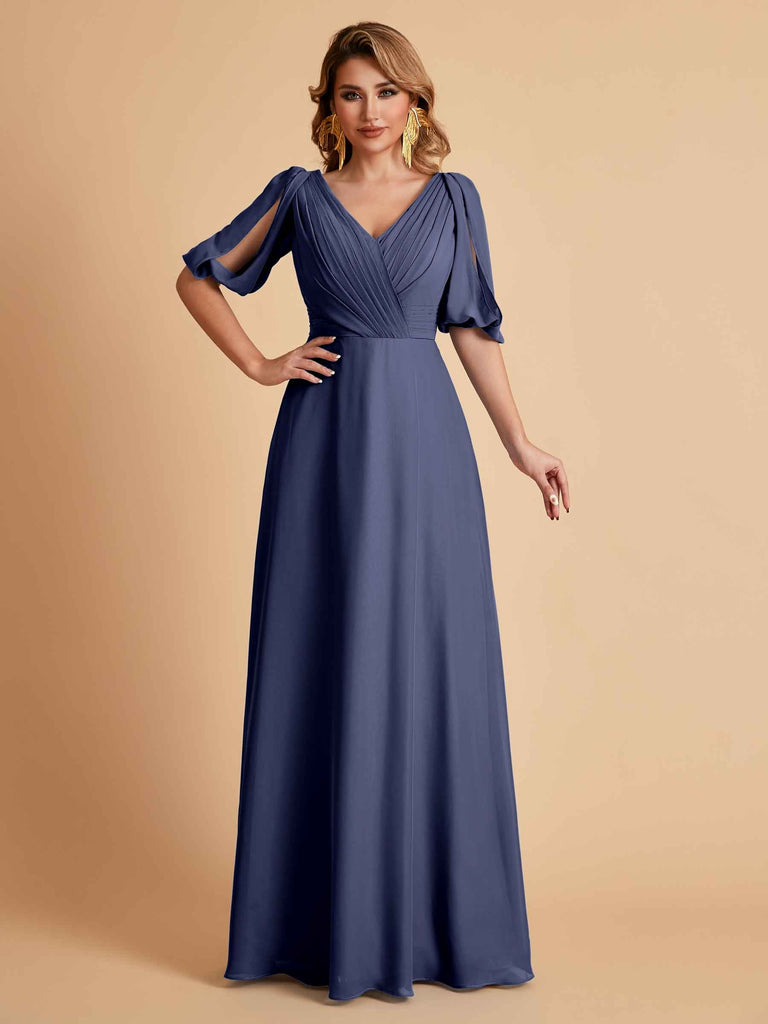 Robes de mère de la mariée élégantes en mousseline de soie manches mi-longues et col en V