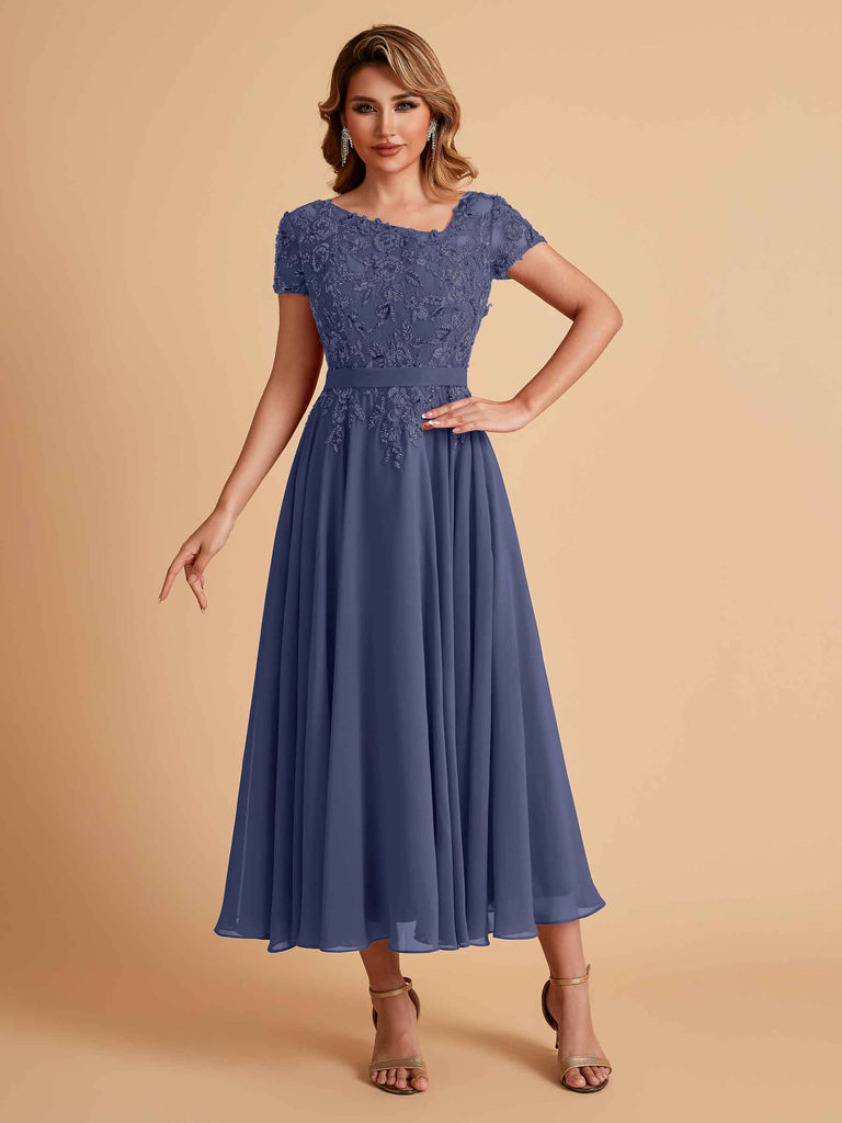 Robes de mère de la mariée coupe trapèze en mousseline à manches courtes
