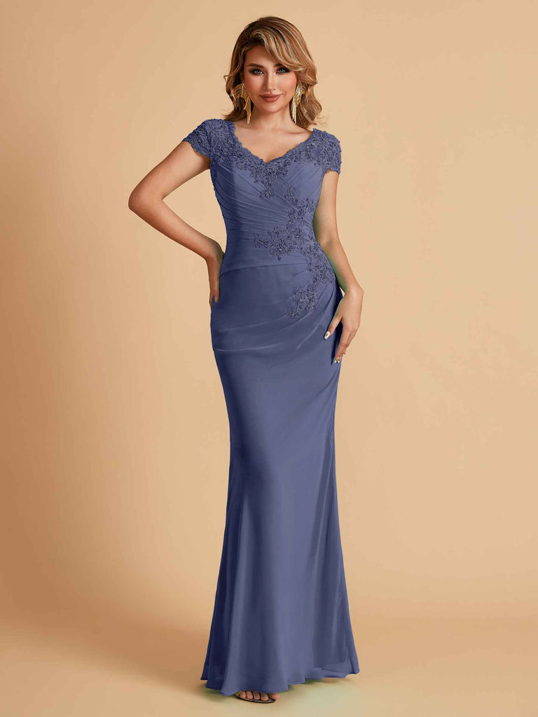 Robe de mère de la mariée col en V élégante en mousseline manches courtes