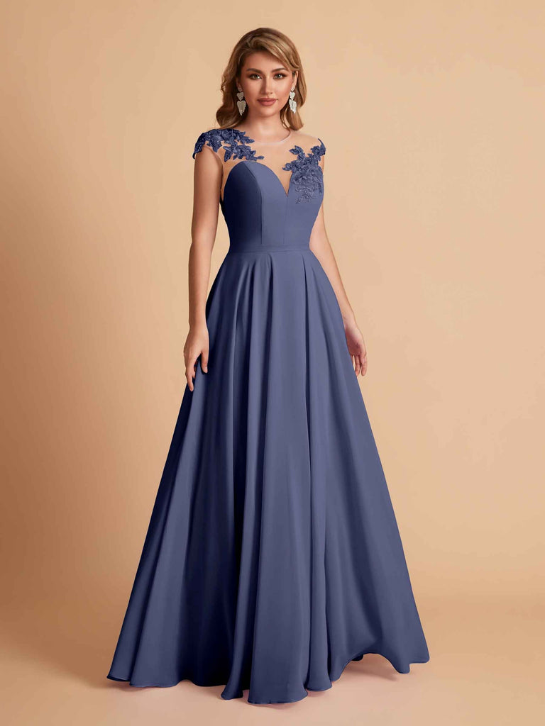 robes d'invitées de mariage en mousseline haut en dentelle illusion col en V