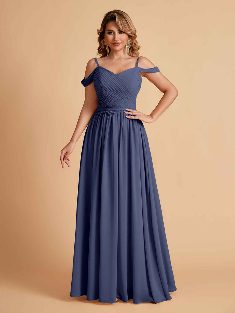 Robe élégante en mousseline trapèze épaules dénudées col en V