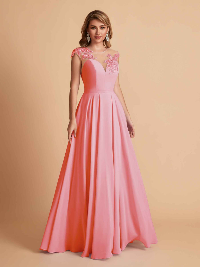 robes d'invitées de mariage en mousseline haut en dentelle illusion col en V