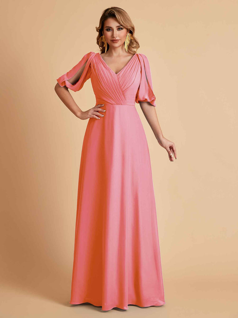 Robes de mère de la mariée élégantes en mousseline de soie manches mi-longues et col en V