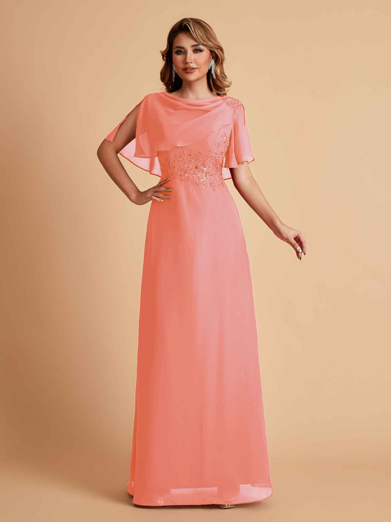 Robes de mère de la mariée en mousseline de soie manches mi-longues et bijoux