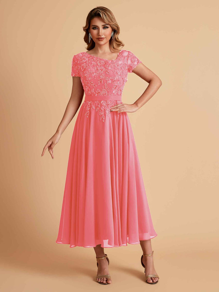 Robes de mère de la mariée coupe trapèze en mousseline à manches courtes