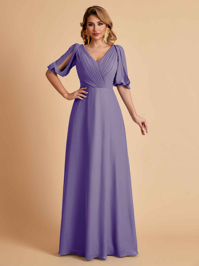 Robes de mère de la mariée élégantes en mousseline de soie manches mi-longues et col en V