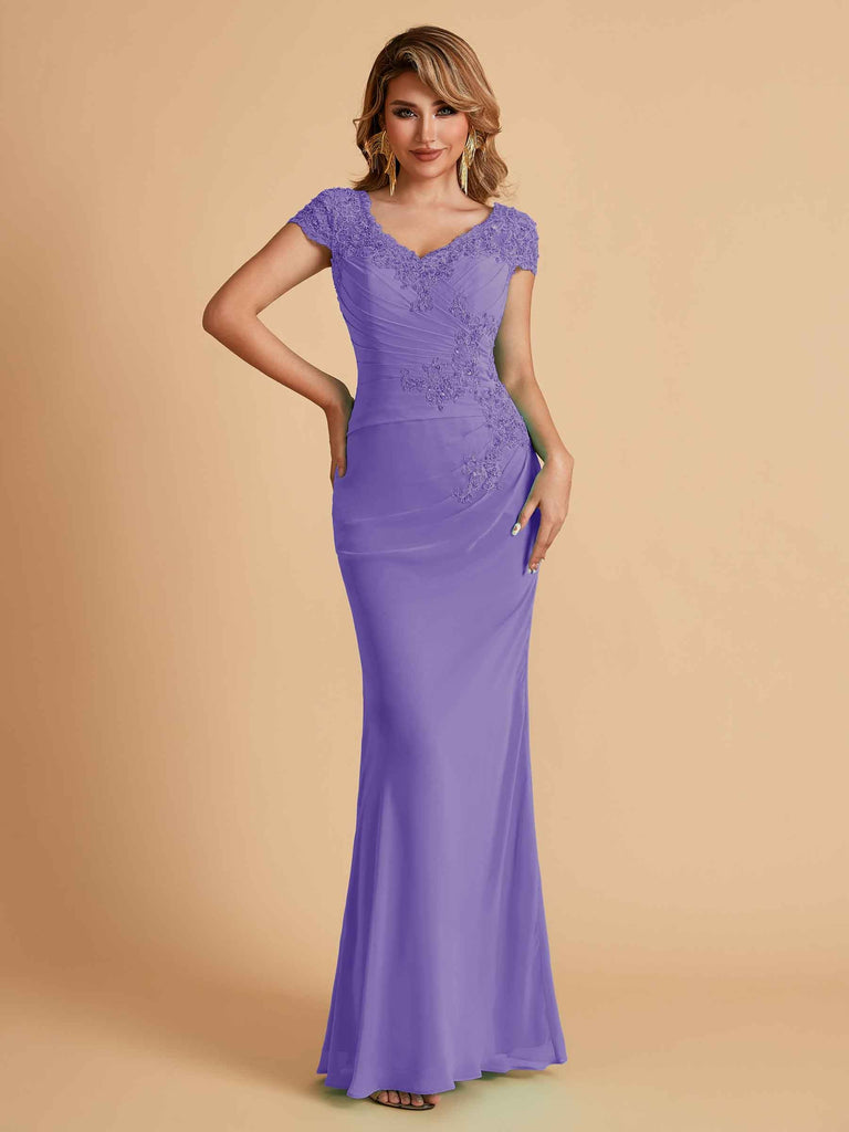 Robe de mère de la mariée col en V élégante en mousseline manches courtes