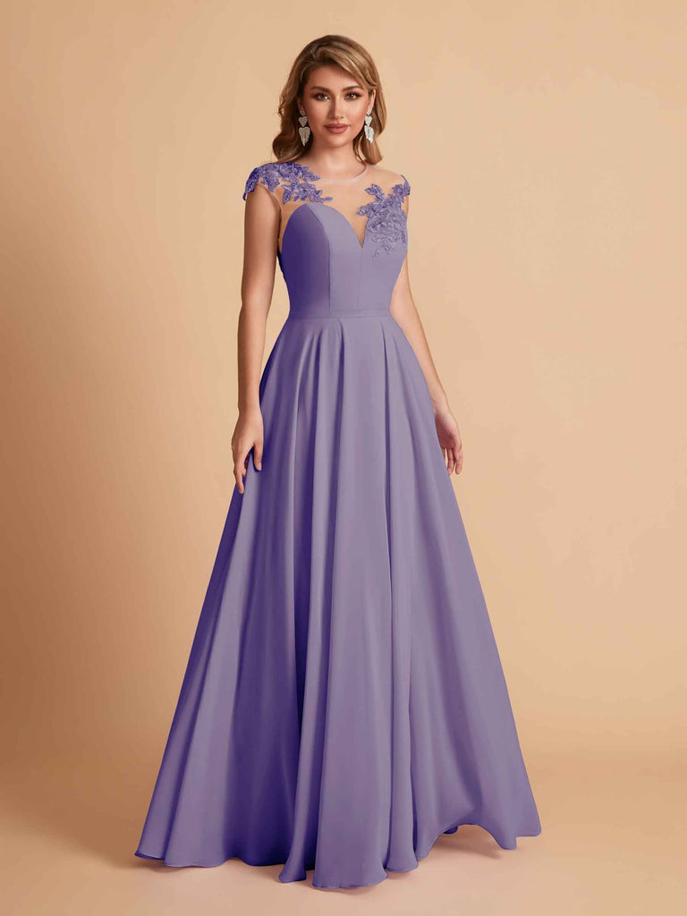 robes d'invitées de mariage en mousseline haut en dentelle illusion col en V