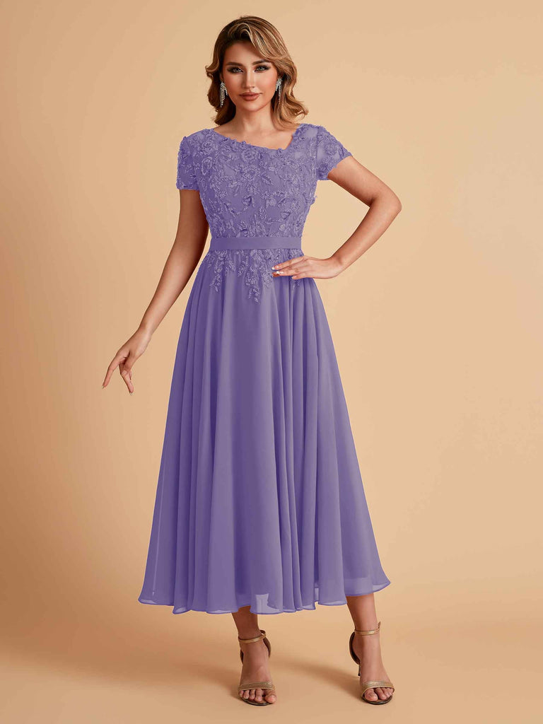 Robes de mère de la mariée coupe trapèze en mousseline à manches courtes