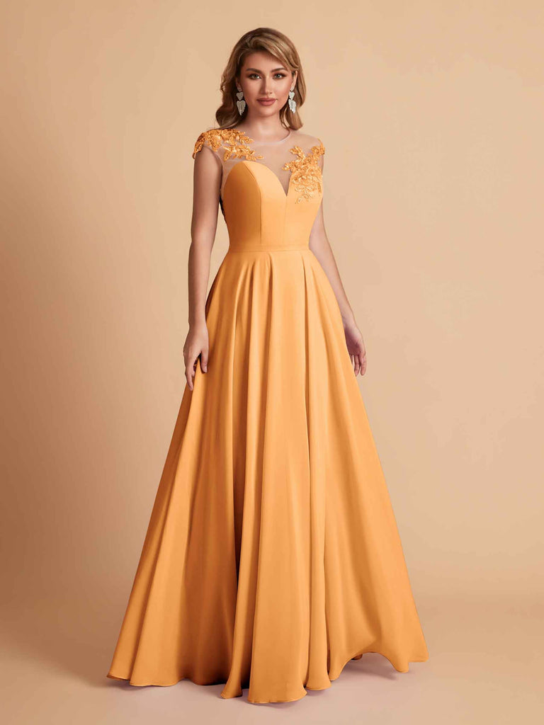 robes d'invitées de mariage en mousseline haut en dentelle illusion col en V