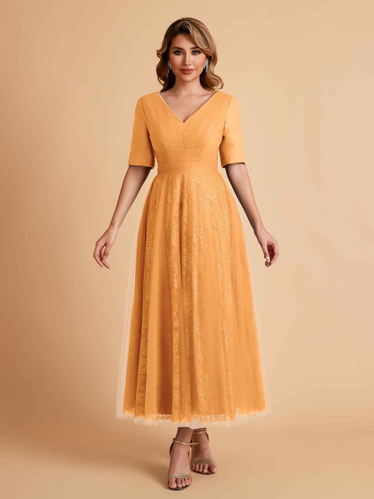 Robes de mère de la mariée élégantes manches mi-longues et col en V