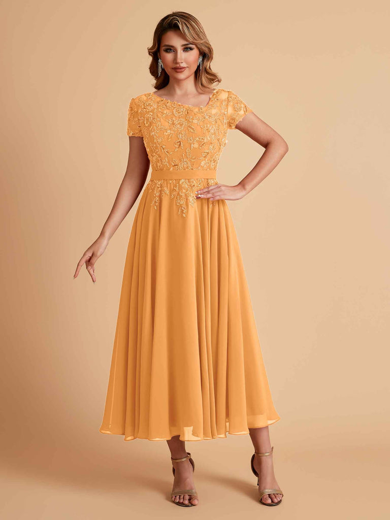 Robes de mère de la mariée coupe trapèze en mousseline à manches courtes