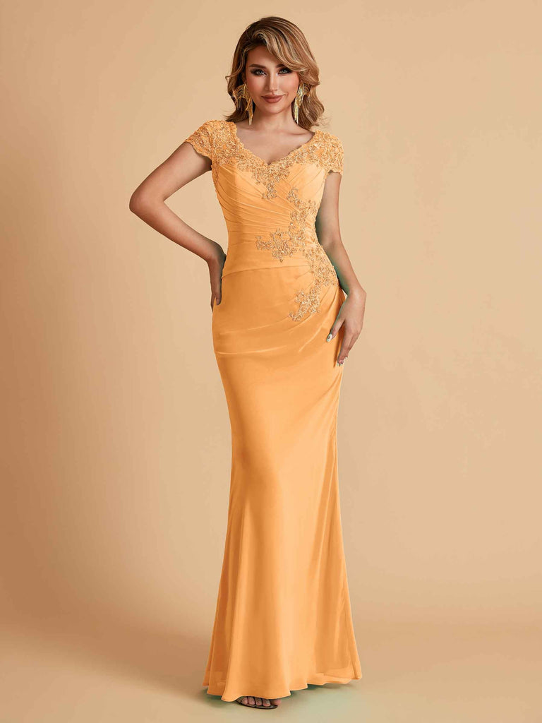Robe de mère de la mariée col en V élégante en mousseline manches courtes