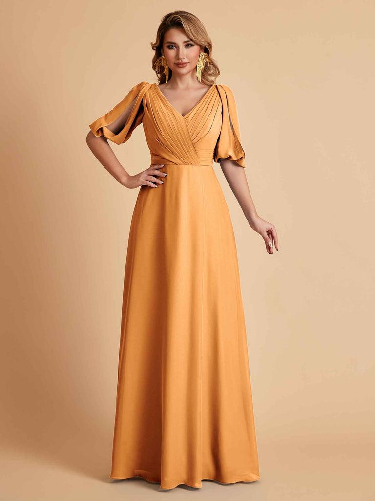 Robes de mère de la mariée élégantes en mousseline de soie manches mi-longues et col en V