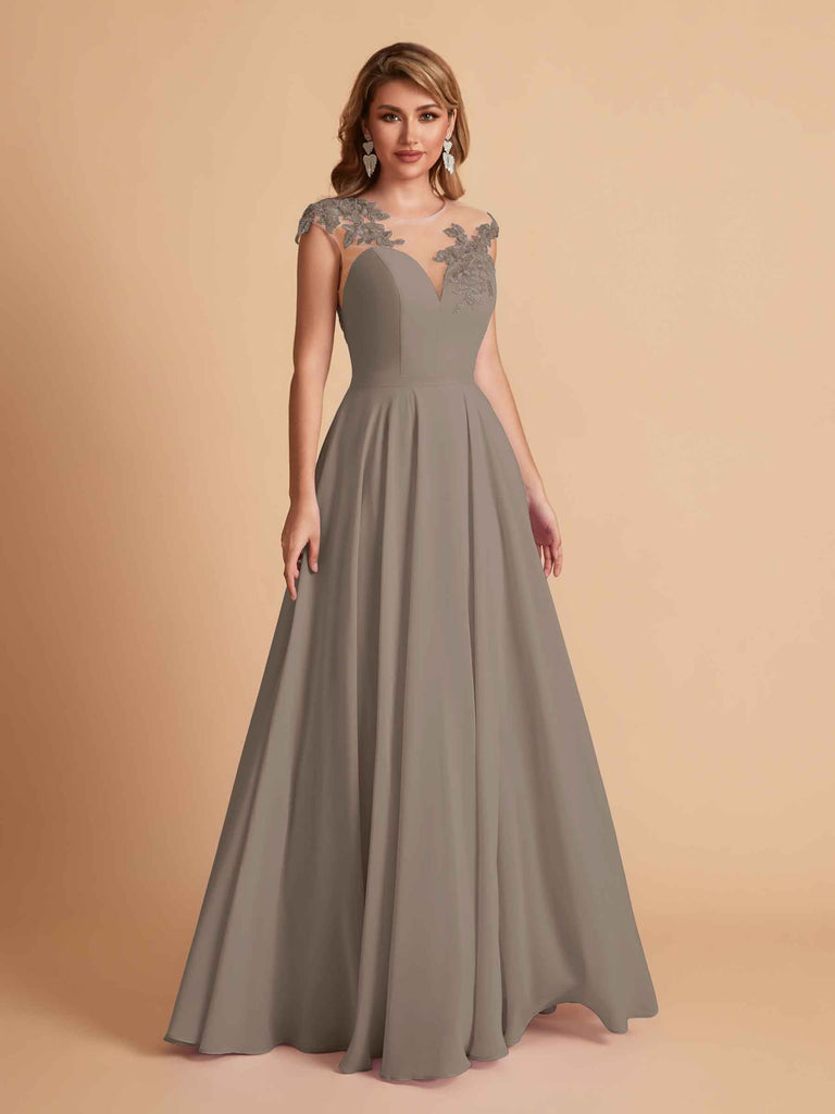 robes d'invitées de mariage en mousseline haut en dentelle illusion col en V