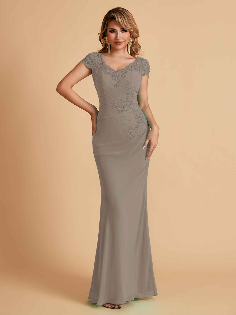 Robe de mère de la mariée col en V élégante en mousseline manches courtes