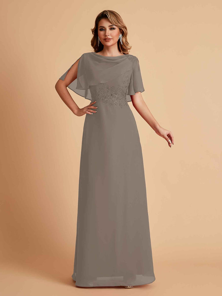 Robes de mère de la mariée en mousseline de soie manches mi-longues et bijoux