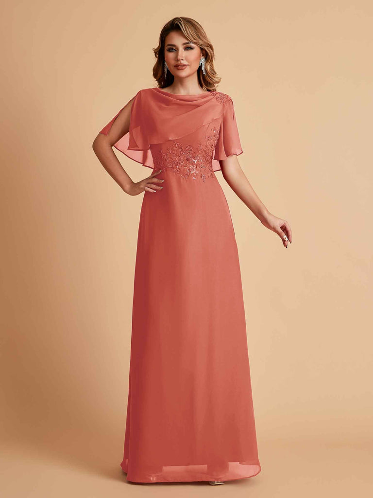 Robes de mère de la mariée en mousseline de soie manches mi-longues et bijoux