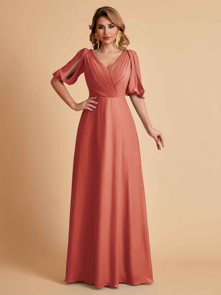 Robes de mère de la mariée élégantes en mousseline de soie manches mi-longues et col en V