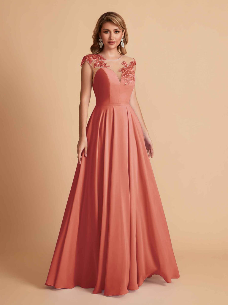 robes d'invitées de mariage en mousseline haut en dentelle illusion col en V