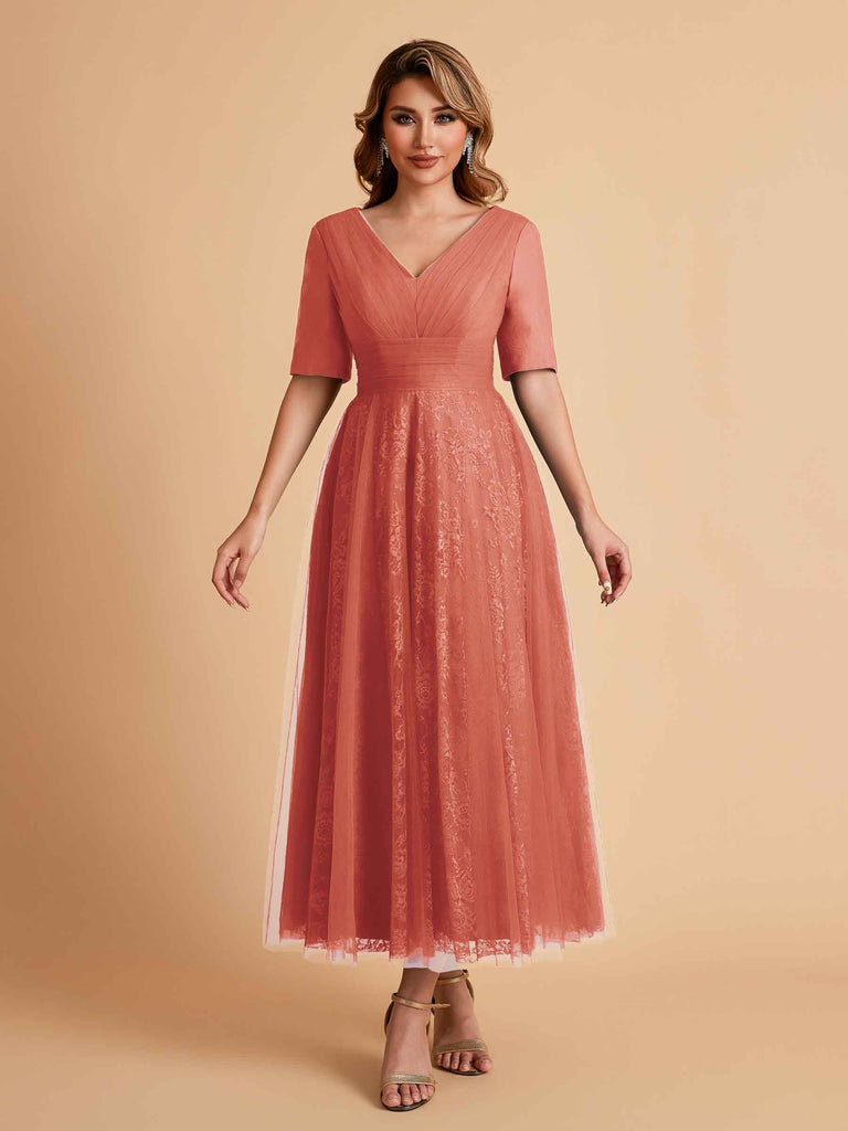 Robes de mère de la mariée élégantes manches mi-longues et col en V