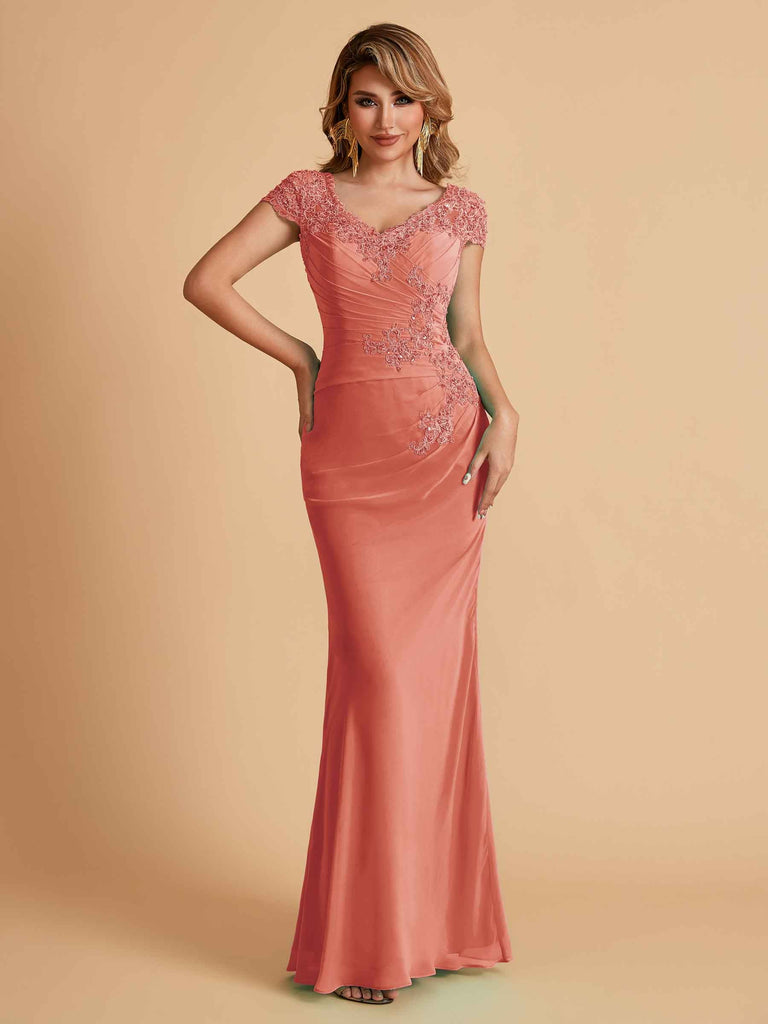 Robe de mère de la mariée col en V élégante en mousseline manches courtes
