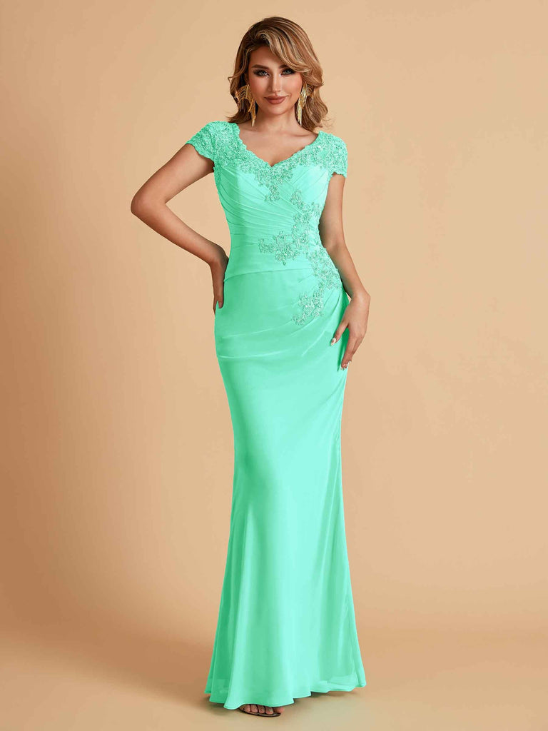 Robe de mère de la mariée col en V élégante en mousseline manches courtes