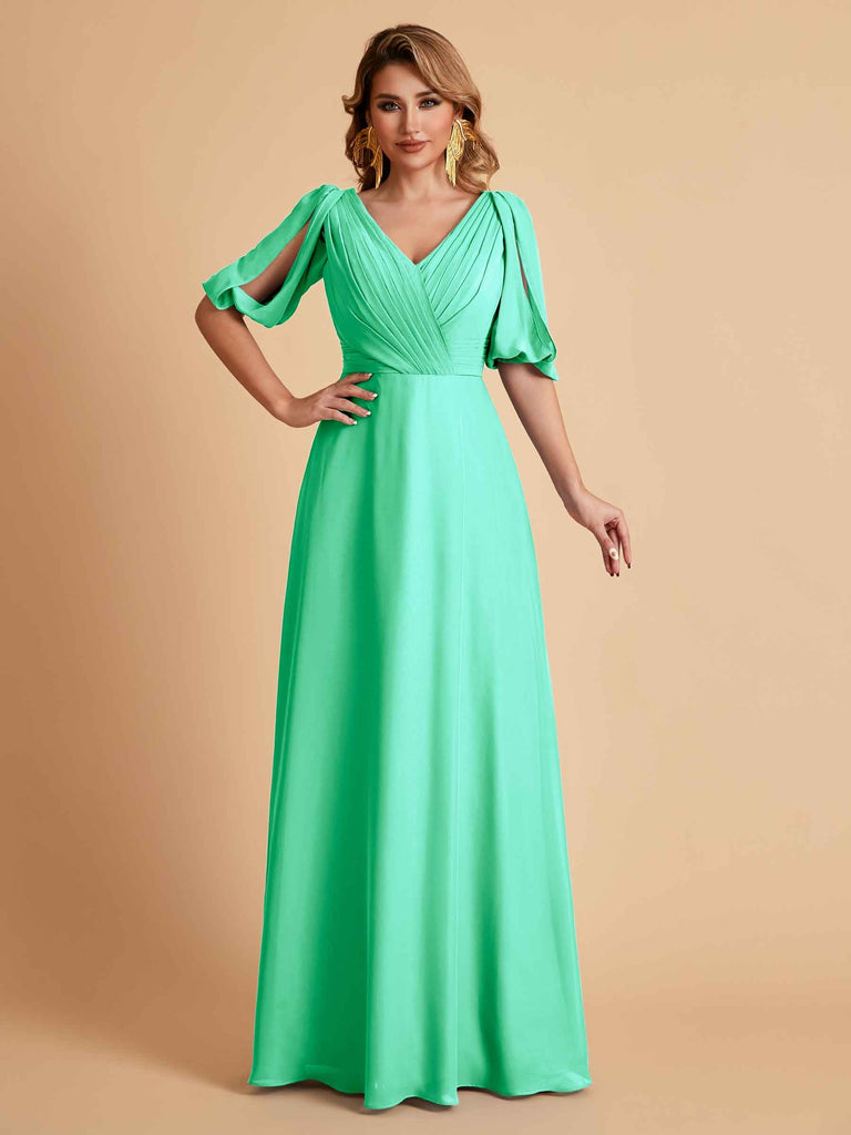 Robes de mère de la mariée élégantes en mousseline de soie manches mi-longues et col en V
