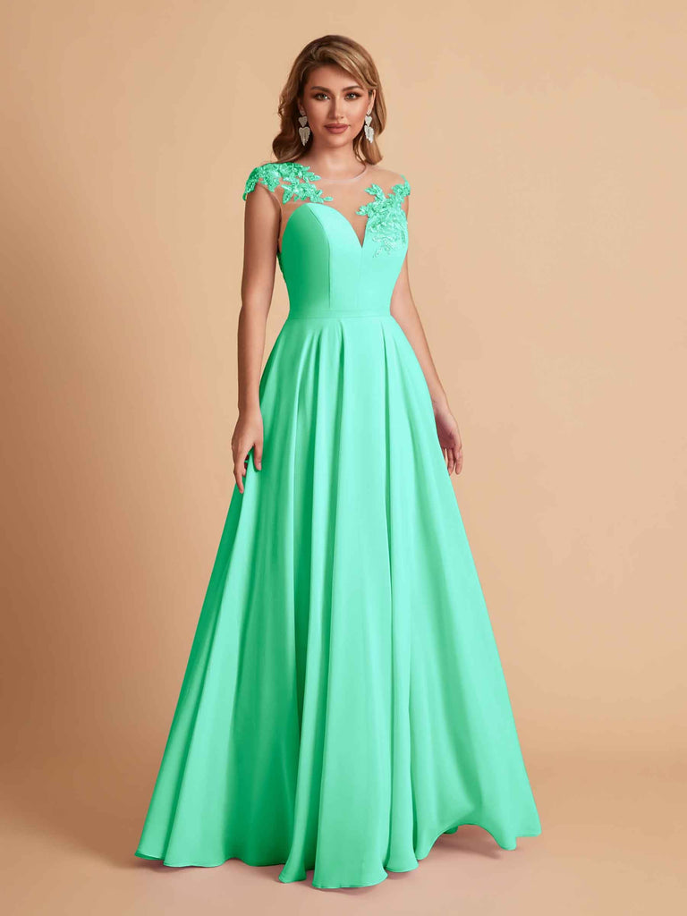 robes d'invitées de mariage en mousseline haut en dentelle illusion col en V
