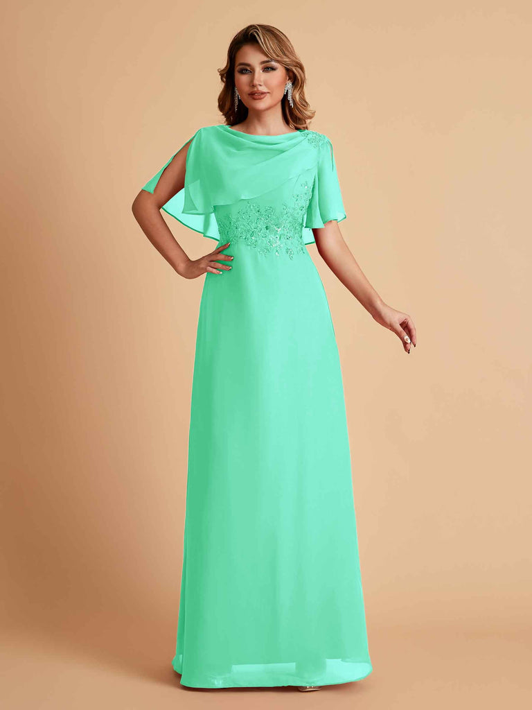 Robes de mère de la mariée en mousseline de soie manches mi-longues et bijoux