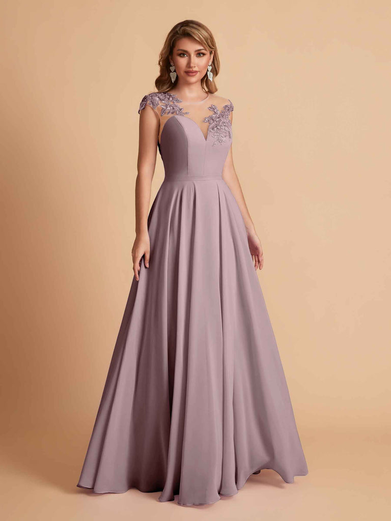 robes d'invitées de mariage en mousseline haut en dentelle illusion col en V
