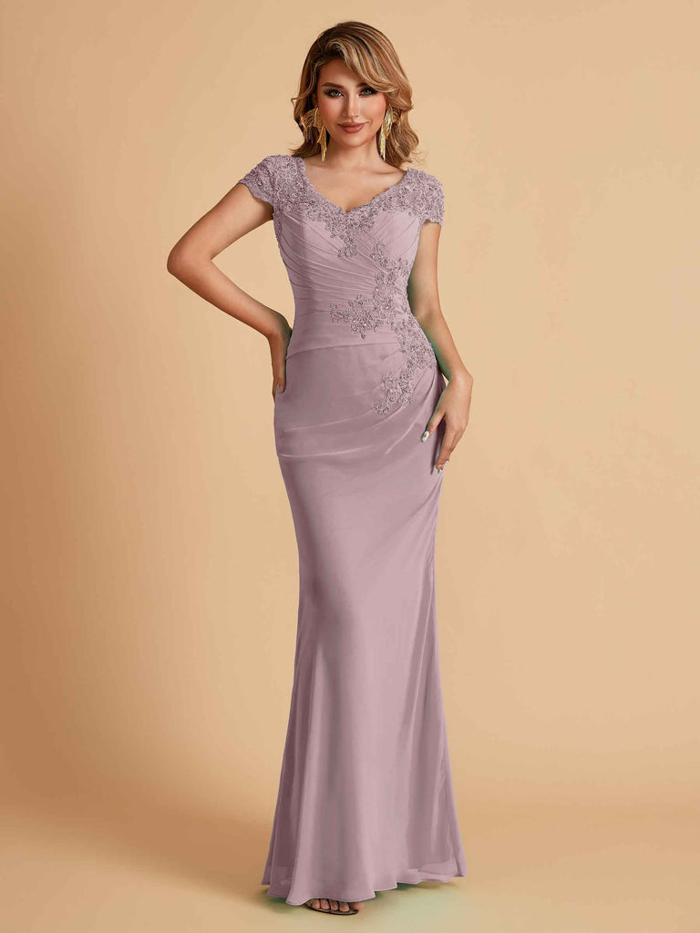 Robe de mère de la mariée col en V élégante en mousseline manches courtes