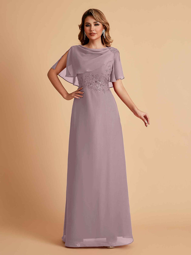 Robes de mère de la mariée en mousseline de soie manches mi-longues et bijoux