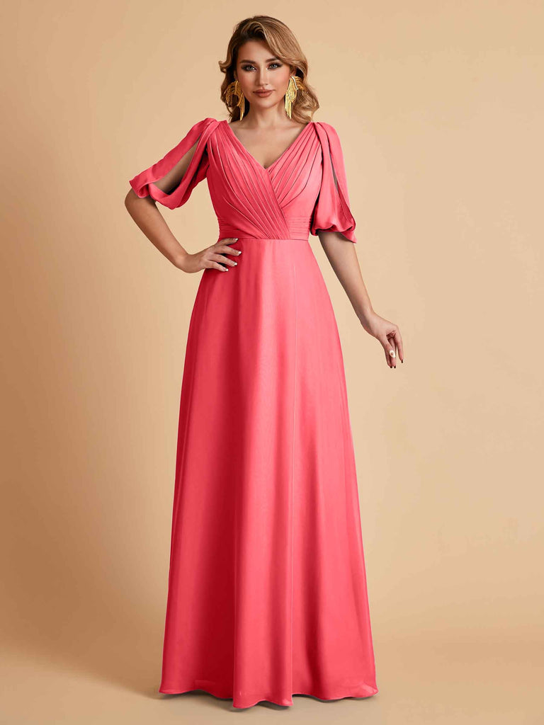 Robes de mère de la mariée élégantes en mousseline de soie manches mi-longues et col en V