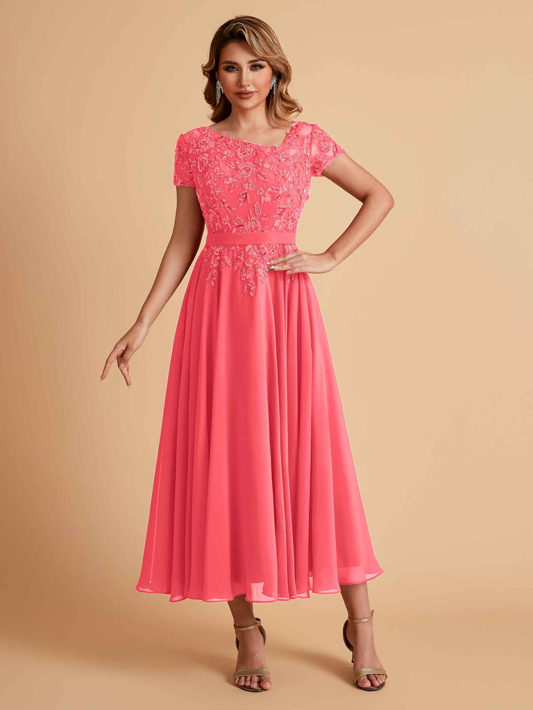 Robes de mère de la mariée coupe trapèze en mousseline à manches courtes