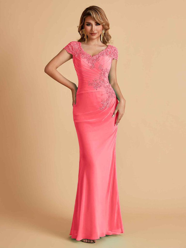Robe de mère de la mariée col en V élégante en mousseline manches courtes