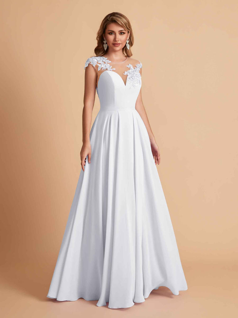 robes d'invitées de mariage en mousseline haut en dentelle illusion col en V